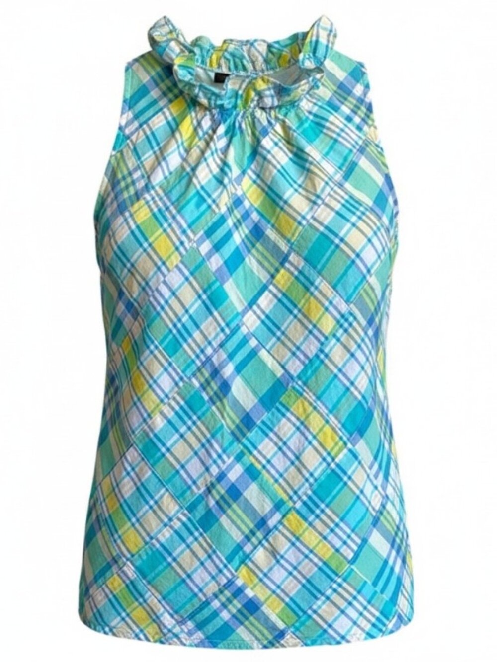 Talbots Shell Madras Plaid Halter Neck Sleeveless Blouse Cottagecore Coastal